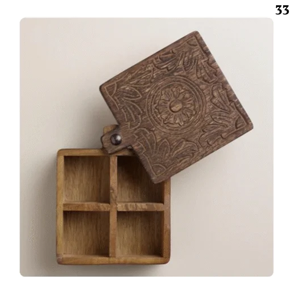 Engraved square wooden jewelry box with handle.